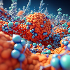 Poster - A close up of a bunch of orange and blue spheres. The spheres are all different sizes and are scattered throughout the image. Scene is one of chaos and disorder