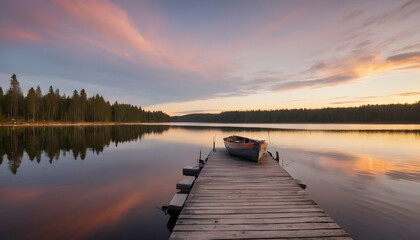 Sunset on a lake wooden pier with fishing boat at sunset in finland