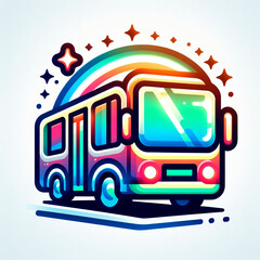 Vibrant Rainbow-Colored Bus Illustration, Sparkling Stars, Cartoon Style,  Icon on white background