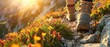 Close up of a female hiker's feet in boots walking on a mountain path with flowers. AI generated illustration