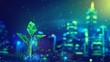 Urban Greening with Neon Ribbon and Sprout, Low Poly Wireframe City Silhouette on Vibrant Background