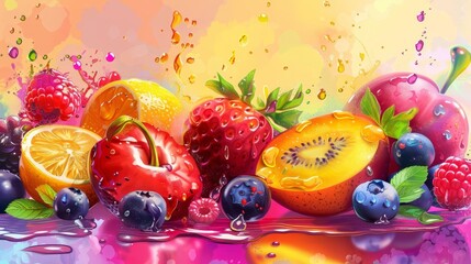 Wall Mural - Vibrant Tropical Fruits and Mixed Berries with Syrup and Juice, Realistic Digital Painting