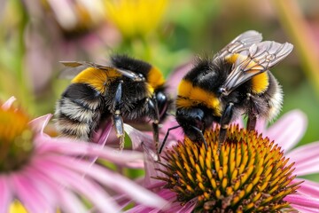 close up bumblebees with flowers nature flower in spring forest landscape with sunrise background