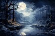 Painting of a Dark Forest With a Full Moon. Generative AI.