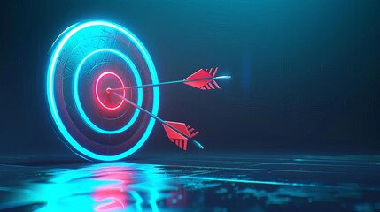 Sticker - Futuristic glowing round target with three arrows in bullseye, goal achievement concept, 3d render