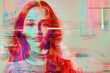 Glitch art of redheaded girl with copy space - Generative AI