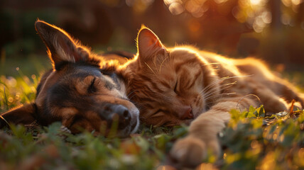 Wall Mural - Dog and cat sleeping chilling relaxing together on fresh green spring or summer meadow,generative ai