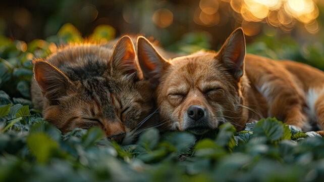 Dog and cat sleeping chilling relaxing together on fresh green spring or summer meadow,generative ai