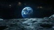 Spectacular view of Earth rising over lunar horizon, glowing blue planet in dark starry space