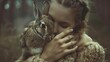 Tender Embrace: A Girl and Rabbit Share a Loving Moment Amidst Nature
