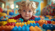 © Pawina - A toddler happily tidying up toys in a colorful playroom, the child picking up blocks and placing them in a toy chest,generative ai