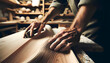 Focus on the woodworker's hands as they carefully shape and smooth the curves of a piece of wood.