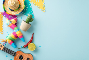 Wall Mural - Top view shot of Cinco de Mayo decorations: hat, a vihuela, cactus in a pot, a colorful pinata, flag garlands, chilli peppers, confetti, placed on a pastel blue scene, space for text