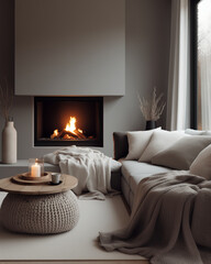 Wall Mural - Cozy living room interior with fireplace, soft sofa, coffee table, and warm fireplace.