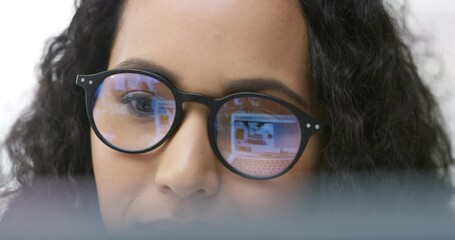 Poster - Business woman, reading on computer and glasses for copywriting, happy editing and social media results. Young editor, blog writer or worker with vision, eye care and screen reflection of her laptop