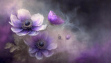Fototapeta  - Tapeta w fioletowe kwiaty,  pastelowy zawilec, wzór kwiatowy, puste miejsce na tekst, kartka na życzenia