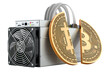 ASIC miner with bitcoin cut in half. Bitcoin halving, concept. 3D rendering isolated on transparent background