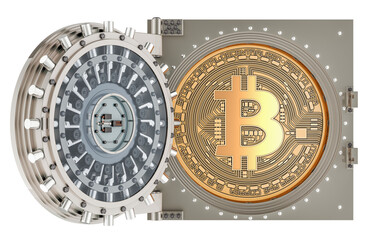 Poster - bitcoin inside opened bank vault, 3d rendering isolated on transparent background