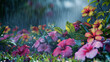 Vibrant Spring Scene with Blooming Flowers and Rain Showers