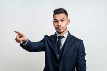 Wall Mural - Portrait of a confident young business man pointing with finger at copy space