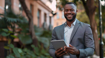 Wall Mural - Stylish, modern man smiling at camera and using a tablet in his hands.