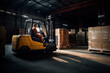 © LAYHONG - Worker driving forklift in warehouse. Industrial and industrial workers concept