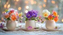 Eggshell Vases With Spring Flowers On A Lacy Runner, Warm Bokeh Lights Background.