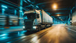 © Hamza - Logistic cargo truck, driving through a well-lit tunnel, for transportation shipping, motion blur lights, modern transportation