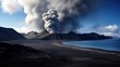 A roiling cloud of black smoke rises from the volcanic crater