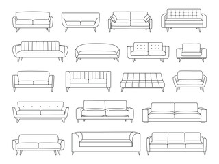 Wall Mural - Sofa and armchair outline icon set. Linear couch collection. Line art illustration of soft furniture for living room design. Vector illustration isolated on white background.