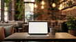 Cozy cafe ambiance: Laptop mockup with empty transparent screen, resting on a table, evoking a relaxed atmosphere perfect for digital design showcases or app demonstrations.