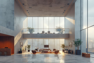 Poster - a sleek and minimalist office space with modern furniture and large windows, creating an environment