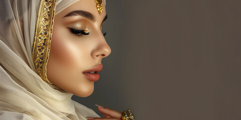 Wall Mural - Side view portrait of a beautiful arabic muslim woman wearing a burka on dark background with copy space for text.