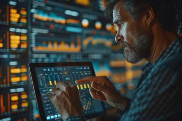 Poster - A businessman analyzing market trends on a digital tablet, highlighting the importance of staying informed in the dynamic business landscape. Concept of market analysis. Generative Ai.
