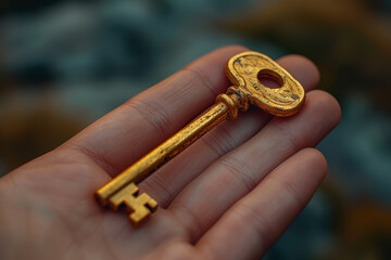 Poster - A close-up of a person's hand holding a golden key, symbolizing access to new opportunities and unlocking business potential. Concept of unlocking possibilities. Generative Ai.