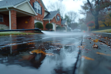 Canvas Print - A homeowner pressure washing the exterior of the house to remove accumulated dirt and grime. Concept of spring cleaning. Generative Ai.