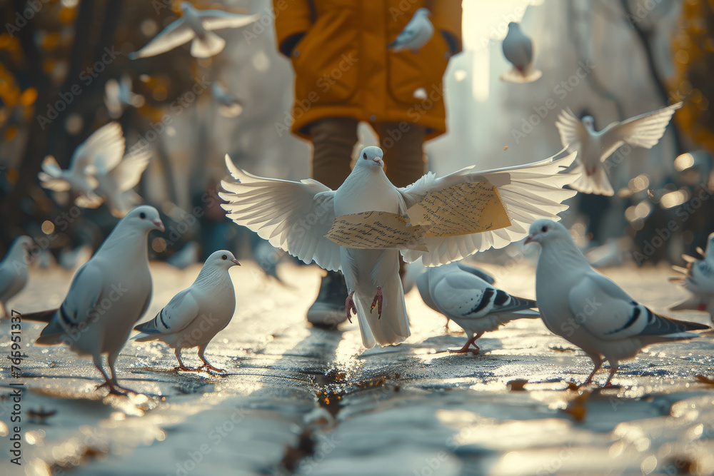 A person releasing carrier pigeons with handwritten messages attached to their legs, showcasing traditional forms of communication. Concept of historical messaging. Generative Ai.