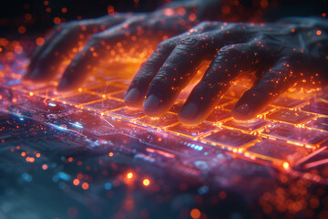 Poster - Hands typing swiftly on a holographic keyboard, creating a futuristic visual of digital communication. Concept of advanced technology. Generative Ai.