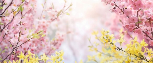 Pastel Pink Cherry Blossoms and Yellow Forsythias in Full Bloom. Floral frame. Spring banner.