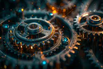 Poster - an intricate web of interconnected gears and cogs symbolizing the complexity of communication system