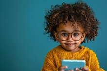 A Cute Dark-skinned Child With Curly Hair, Wearing Glasses And A Knitted Sweater With A Blue Phone In His Hands Against A Background Of Blue Tones. Copy Space.