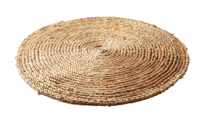 round rug isolated on white, straw carpet circle decor isolated on white.