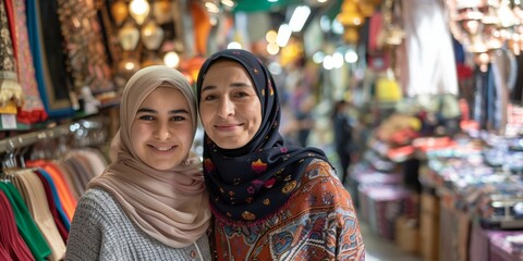 Wall Mural - Happy  middle eastern Arab muslim mother and daughter  wearing a hijab shopping at a middle eastern market bazar looking at the camera smiling