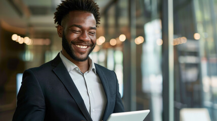 Wall Mural - Stylish, modern man smiling at camera and using a tablet in his hands.