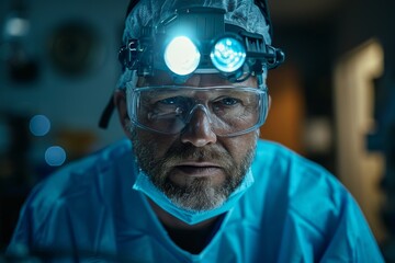 Wall Mural - Tense portrait of an experienced dental surgeon in a dark operating room. Close-up of a serious male dentist with a beard and a headlamp wearing safety glasses, preparing for a dental operation.