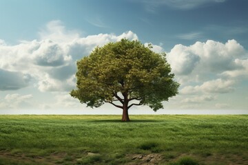 Sticker - Solitary tree in a lush green field under a blue sky