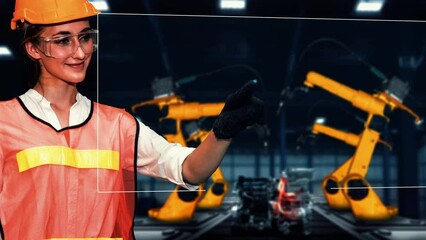 Poster - xai engineer use cybernated robotic software to control industry robot arm in factory. automation ma