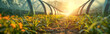 Golden rays cast a warm glow on a path through a futuristic greenhouse with flourishing vegetation - Ideal for content about innovation in sustainable ecosystems
