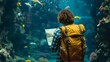 A yellow backpack and a map against a blue aquarium background. A tourist is visiting Barcelona's ocean museum.