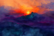 sky and clouds over mountain range and sunset, in the style of colorful realism, rich color palette, landscape realism, frostpunk, colorful drawings, colorful pixel-art, precisionist art